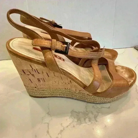 Prada Cork Wedge Strappy Tan Leather Sandals (Sz 37.5) - Picture 11 of 16